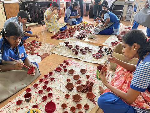 Meenakshi, a special educator who has been working at the centre for the last 22 years said the children here at the centre are trained to make diyas step by step. 