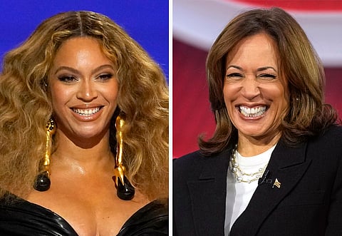 This combination photos shows Beyonce at the Grammy Awards in Los Angeles, March 14, 2021, left, and Democratic presidential nominee Vice President Kamala Harris at a CNN town hall in Aston, Pa., Oct. 23, 2024. 