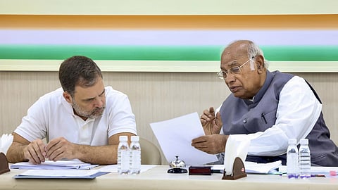 Congress President Mallikarjun Kharge and party leader Rahul Gandhi during the party's CEC meeting 