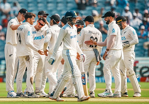 Pune: New Zealand's Mitchell Santner celebrates with teammates after taking the wicket of India's Shubman Gill on the second day of the second test cricket match between India and New Zealand, at the Maharashtra Cricket Association Stadium, in Pune, Friday, Oct. 25, 2024.