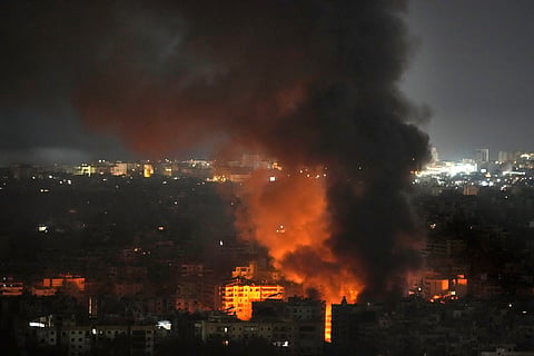 Flame and smoke rises from an Israeli airstrike on Dahiyeh, in the southern suburb of Beirut, Lebanon, early Sunday, Oct. 27, 2024. 