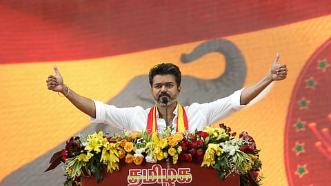 Actor and founder of Tamilaga Vetri Kazhagam Vijay addresses during his pary's first political conference, at Vikravandi in Villupuram district, Sunday, Oct. 27, 2024. 