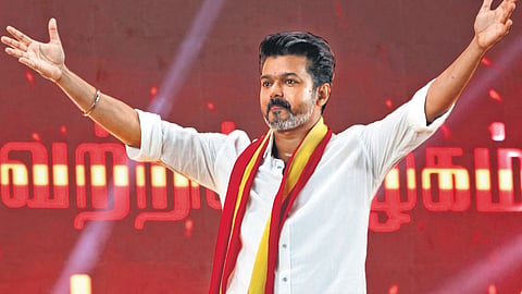 Actor Vijay during Tamilaga Vettri Kazhagam (TVK)'s first political conference in Vikravandi, Tamil Nadu, on Sunday.