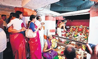 Union Minister HD Kumaraswamy and his family offer prayers at Hasanamba temple in Hassan on Sunday 