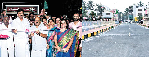 Minister T M Anbarasan inaugurating the bridge connecting Jeevan Nagar with Medavakkam Main Road on Monday 