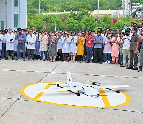 Its inaugural flight with the transport of a blood sample from the Centre for Rural Health (CRHA) in Nutakki to AIIMS Mangalagiri in just nine minutes. 