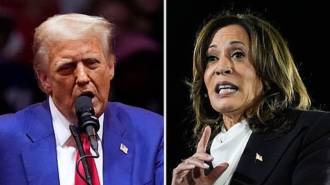 This combination of photos shows Republican presidential candidate former President Donald Trump, left, speaking at a campaign rally at Madison Square Garden, Oct. 27, 2024, in New York, and Democratic presidential nominee Vice President Kamala Harris, right, speaking at a campaign event at the Ellipse near the White House in Washington, Oct. 29, 2024.