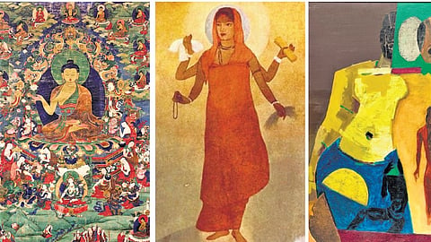 From L-R: A Buddhist thangka; Bharat Mata by Abanindranath Tagore; Arrival by M F Husain 