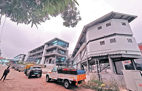The temporary rehabilitation blocks constructed by Smart City Thiruvananthapuram Ltd for rehabilitating traders from the Palayam Connemara Market 