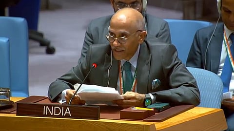 India's Permanent Representative to the United Nations Parvathaneni Harish delivers his remarks during the UN Security Council open debate on Tuesday.