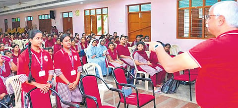 Indian Red Cross Society-Andhra Praesh CEO and general secretary AK Parida conducting an awareness programme on climate change on Friday 
