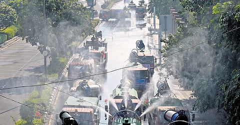 Special water-spraying trucks at Delhi secretariat on Friday 