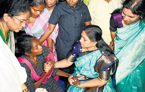 Home Minister Vangalapudi Anitha consoles the family of rape victim at Alivelu Mangapuram ST Colony in Vadamalapet of Tirupati district on Sunday 