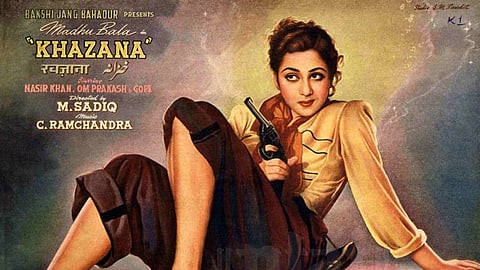 A gun-toting Madhubala  on the song booklet cover of Khazana (1951). The film is about the adventures of a wealthy merchant (Om Prakash), his daughter and an archaeologist (Nasir Khan) who embark on a treasure hunt. 
