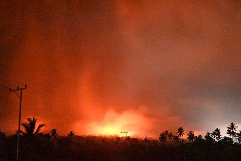 Sky glows from the eruption of Mount Lewotobi Laki-Laki early Monday, Nov. 4, 2024, in East Flores, Indonesia. (PVMBG via AP)