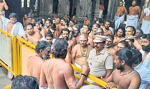Podhu Dikshitars during the talks with police officials on Natarajar Temple premises in Chidambaram on Monday 