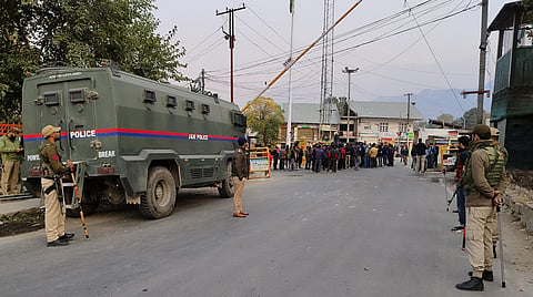Security personnel keep vigil after Sanatan Dharam Sabha called for a complete bandh in protest against the killing of two Village Defence Guards by terrorists on Thursday, in Kishtwar district of Jammu division, Friday, Nov. 8, 2024.