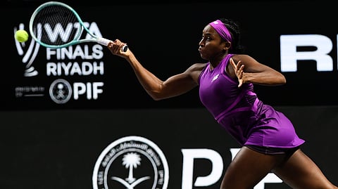 Coco Gauff of the U.S. in action during her women's singles semi final match against Belarus' Aryna Sabalenka at King Saud University Indoor Arena, in Riyadh, Saudi Arabia, Friday, Nov. 8, 2024. 