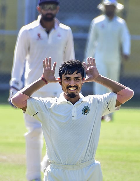 Assam batter Denish Das celebrates his century during the 3rd day of Ranji Trophy cricket match between Assam and Tamil Nadu, at Barsapara Cricket Stadium in Guwahati, Assam, Friday, Nov. 8, 2024.