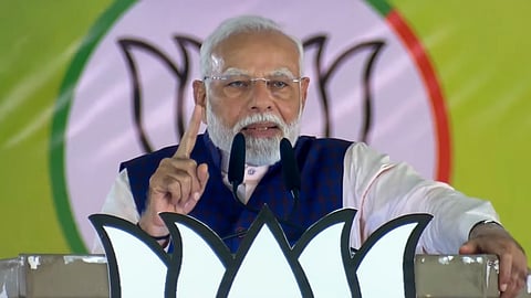 Prime Minister Narendra Modi addresses an election rally for the upcoming Maharashtra Assembly elections in Nanded district, Saturday, Nov. 9, 2024.