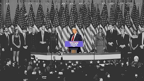 Donald Trump speaks at an election night watch party. He's joined by a crew of longtime friends, aides and new allies.