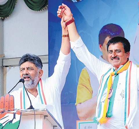 DyCM DK Shivakumar campaigns for Congress’ CP Yogeshwara on the last day of public campaigning in Channapatna on Monday