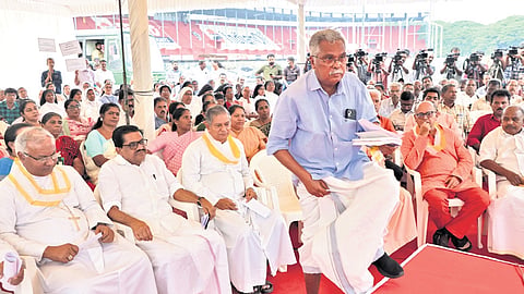 CPI state secretary Binoy Viswam at the protest staged in solidarity with Munambam residents at Palayam Martyrs Column on Tuesday 