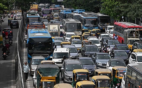 Traffic jam on one side of Sheshadri Road, towards KR Circle in Bengaluru. 