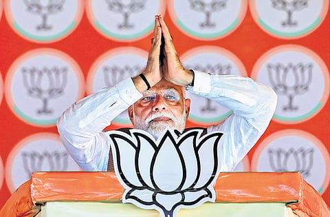 Prime Minister Narendra Modi at a public meeting ahead of the second phase of Jharkhand Assembly elections, in Sarath, on Wednesday.