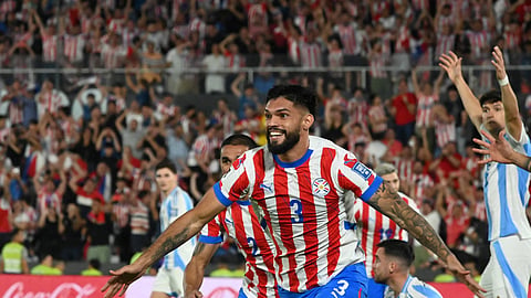 Paraguay's defender Omar Alderete celebrates after scoring during the 2026 FIFA World Cup South American qualifiers football match between Paraguay and Argentina at the Ueno Defensores del Chaco stadium in Asuncion on November 14, 2024. 