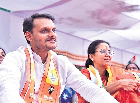 Yugendra Pawar, grand nephew of NCP (SP) supremo Sharad Pawar,  MP Supriya Sule during a poll rally in Baramati constituency.