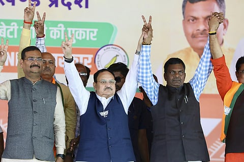 BJP National President J.P. Nadda during a public meeting ahead of Jharkhand Assembly elections, in Gomia, Jharkhand, Sunday, Nov. 17, 2024. 