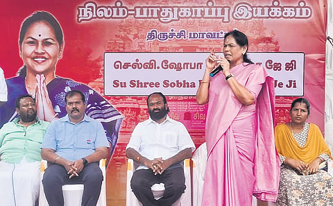Union Minister of State Shobha Karandlaje addressing an event organised on land disputes, near Tiruchy on Monday 