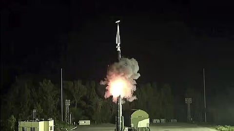 Test missile being fired from Dr APJ Abdul Kalam Island, off the Odisha coast