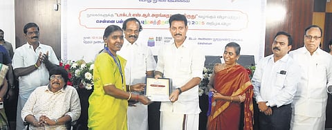 School Education Minister Anbil Mahesh Poyyamozhi presents Dr SR Aranganathan Award to librarians at  Anna Centenary Library on Tuesday 