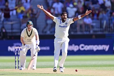 India's captain Jasprit Bumrah appeals successfully for the wicket of Australia's Steve Smith on the first day of the first cricket test between Australia and India in Perth, Australia, Friday.