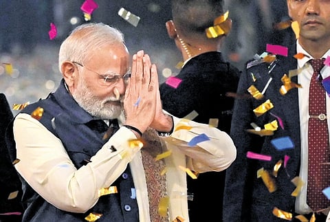 Prime Minister Narendra Modi at BJP HQ in New Delhi on Saturday 