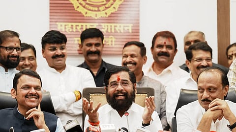 Maharashtra Chief Minister Eknath Shinde with Deputy Chief Ministers Devendra Fadnavis and Ajit Pawar. 