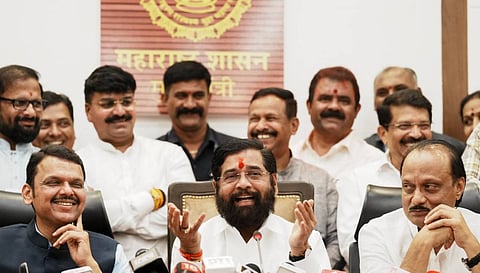 Three happy men: Maharashtra Chief Minister Eknath Shinde with Deputy Chief Ministers Devendra Fadnavis and Ajit Pawar. 