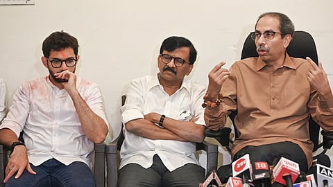  Shiv Sena (UBT) chief Uddhav Thackeray with party leaders Sanjay Raut and Aaditya Thackeray