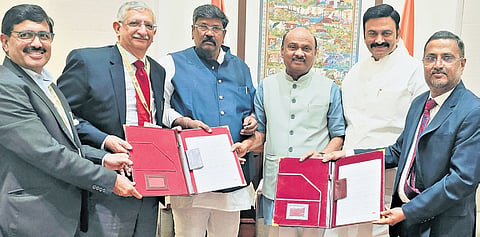 Speaker Ayyanna Patrudu, Dy Speaker Raghurama Krishna Raju, Council Chairman Moshenu Raju with officials of the Ministry of Parliamentary Affairs.