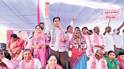 BRS working president KT Rama Rao raises his fist during a Maha Dharna organised in Mahabubabad on Monday