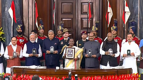 President Droupadi Murmu, Vice President Jagdeep Dhankhar, Prime Minister Narendra Modi, Lok Sabha Speaker Om Birla, LoP in the Rajya Sabha Mallikarjun Kharge and LoP in the Lok Sabha Rahul Gandhi during 'Samvidhan Divas' function at Samvidhan Sadan, in New Delhi, Tuesday, Nov. 26, 2024.