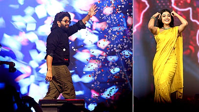 Actors Allu Arjun and Rashmika Mandanna seen at Grand Hyatt in Kochi during the promotion of Pushpa 2.