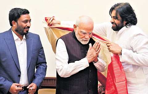 Deputy Chief Minister Pawan Kalyan felicitates Prime Minister Narendra Modi in New Delhi on Wednesday 