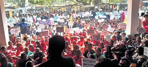 Farmers staging a protest meet in Bargarh on Tuesday 