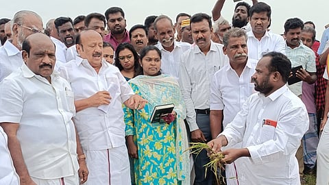 Minister for Agriculture and Farmers Welfare M R K  Panneerselvam inspecting the paddy crop inundated in the rainwater  at Ukkadai village in Thanjavur district