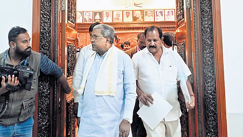 Chief Minister Siddaramaiah arrives at Vidhana Soudha to attend the cabinet meeting, in Bengaluru on Thursday 