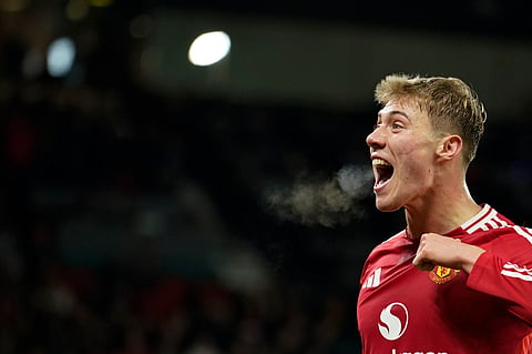 Manchester United's Rasmus Hojlund celebrates after scoring his side's second goal during the Europa League opening phase soccer match between Manchester United and Bodo Glimt, at the Old Trafford stadium in Manchester, England, Thursday, Nov. 28, 2024. 