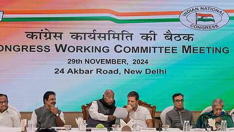 Congress President Mallikarjun Kharge with LoP in the Lok Sabha and party leader Rahul Gandhi, party leaders Ajay Maken, KC Venugopal, P Chidambaram, and others during the Congress Working Committee meeting, at the AICC headquarters in New Delhi.